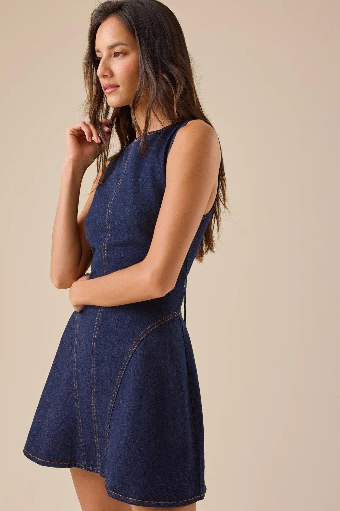 dark wash denim sleeveless mini dress