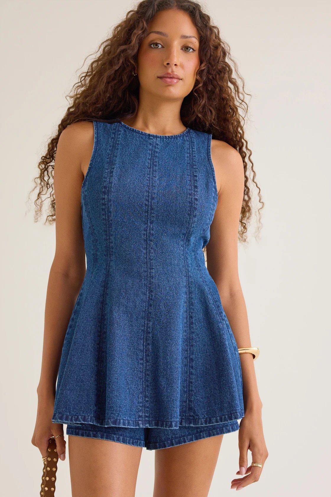 dark wash denim flowy romper