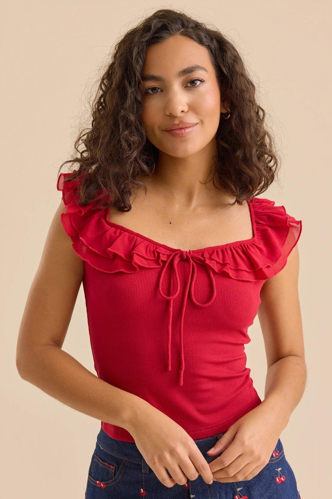 red  off the shoulder ruffle top