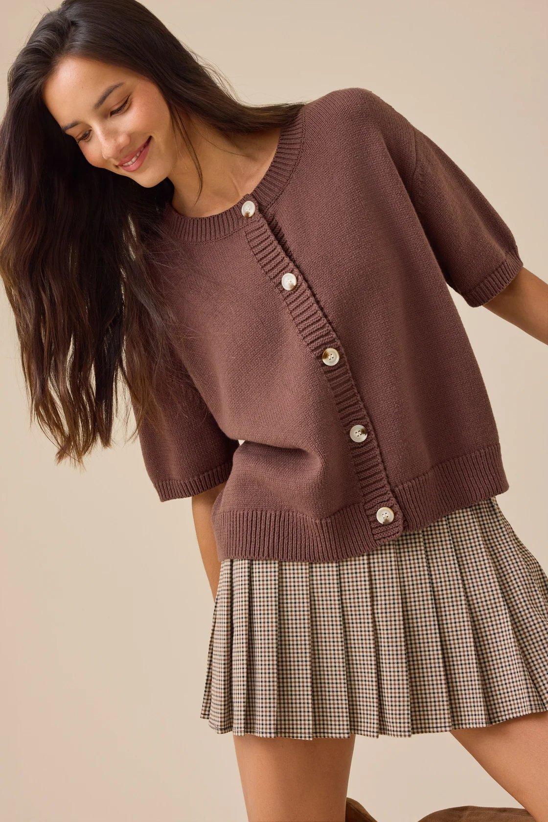 brown short sleeve cardigan