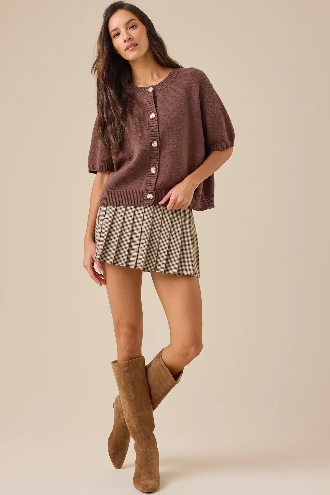 brown short sleeve cardigan