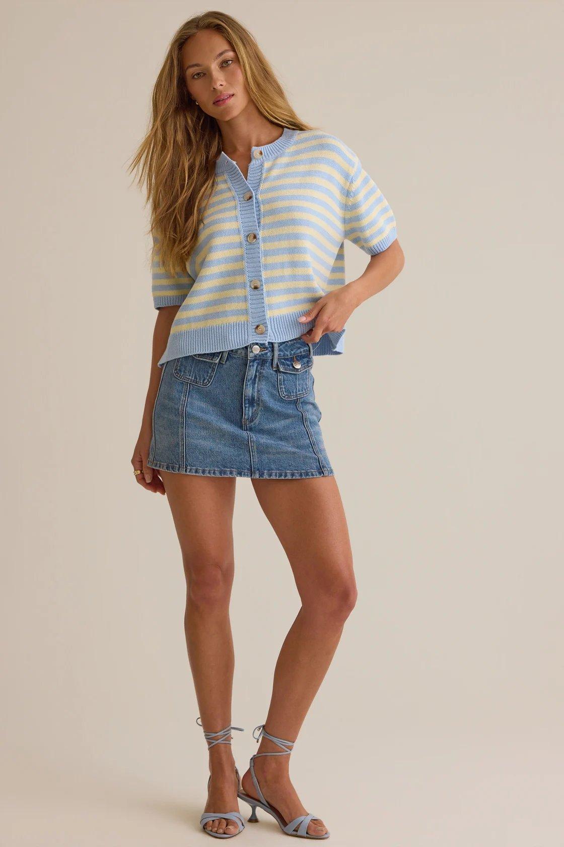 blue and ivory striped cardigan