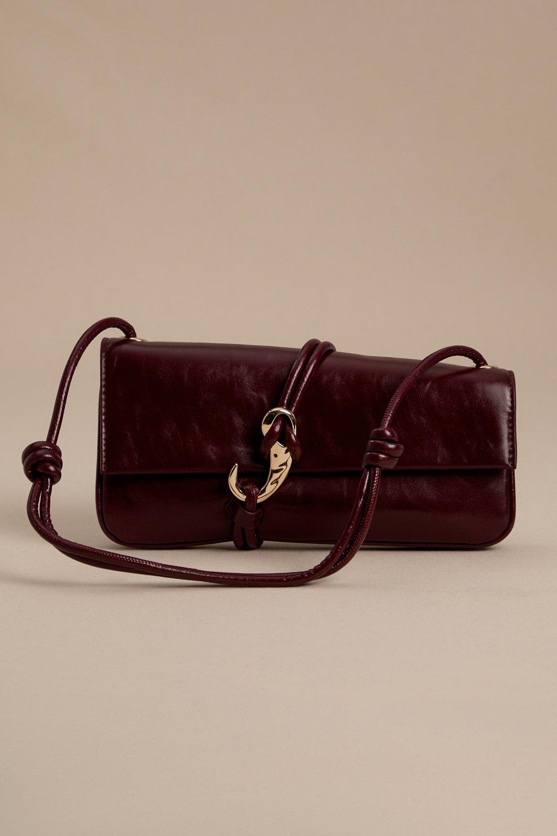 burgundy slanted shoulder hook bag