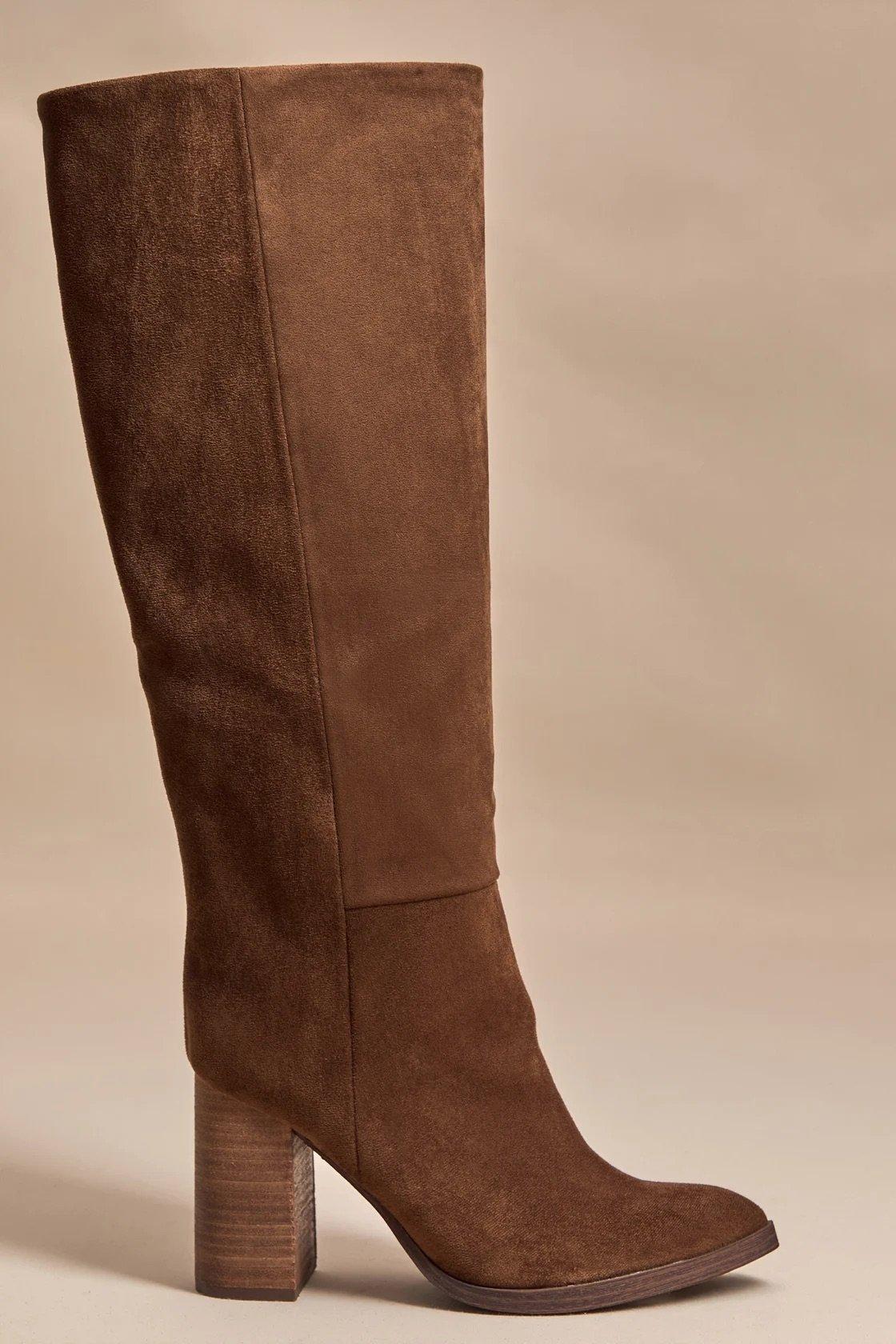 brown boot with tall wood block heel
