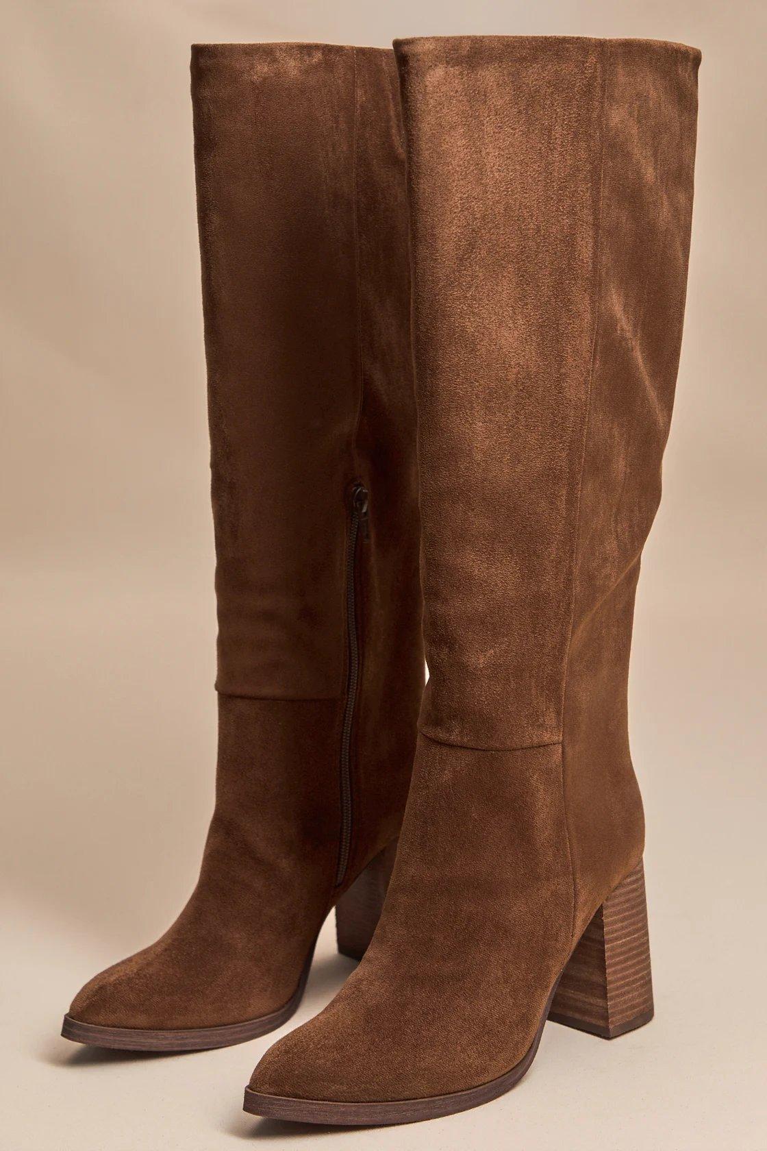 brown suede tall heel boots