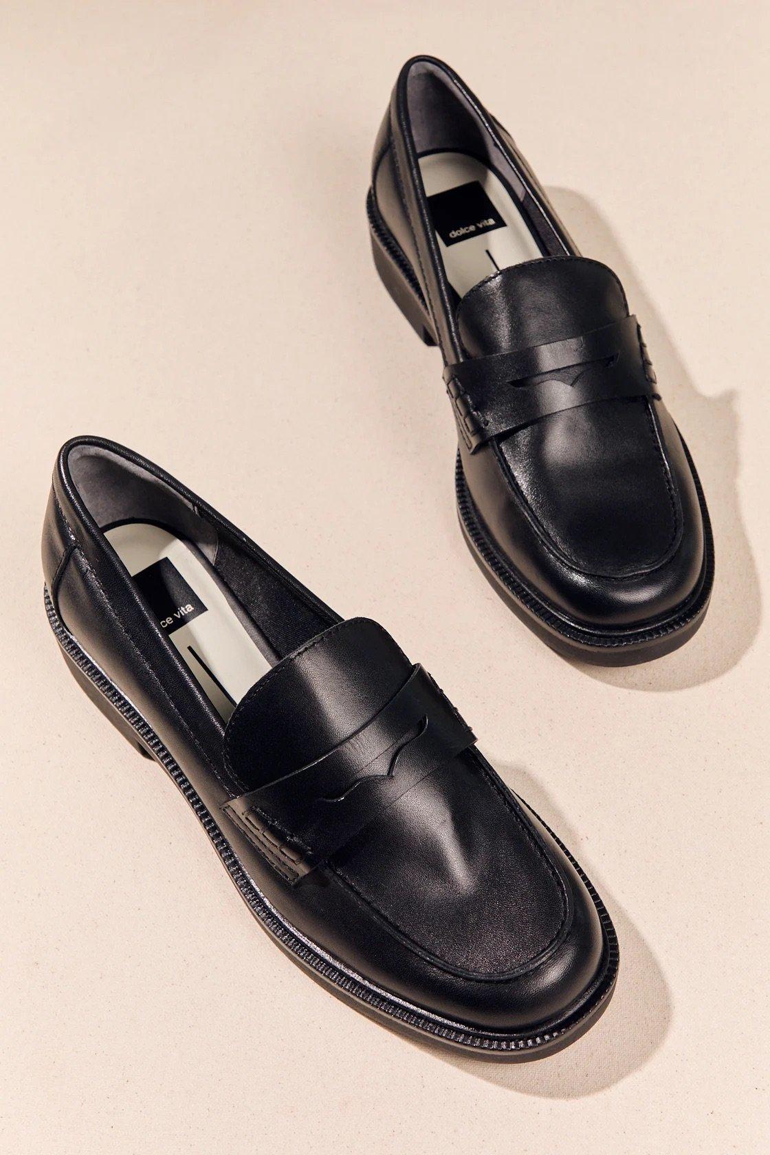 black leather loafers
