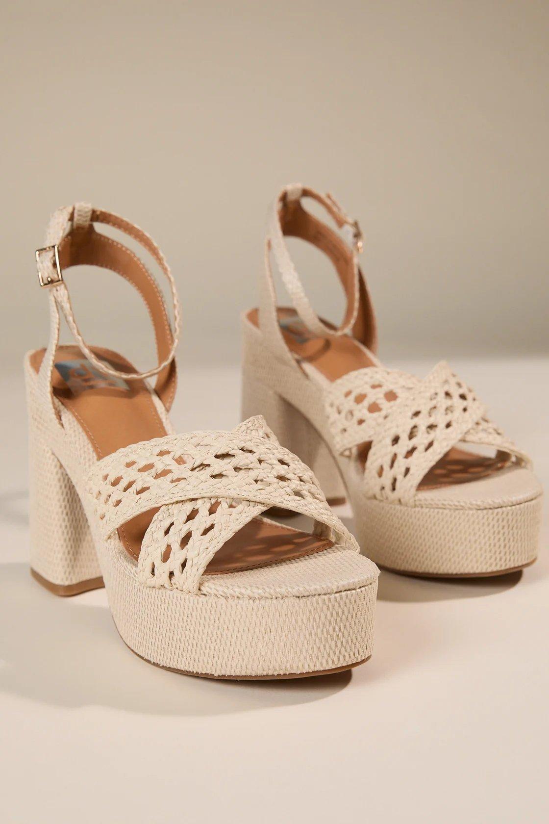 ivory rattan woven block heels