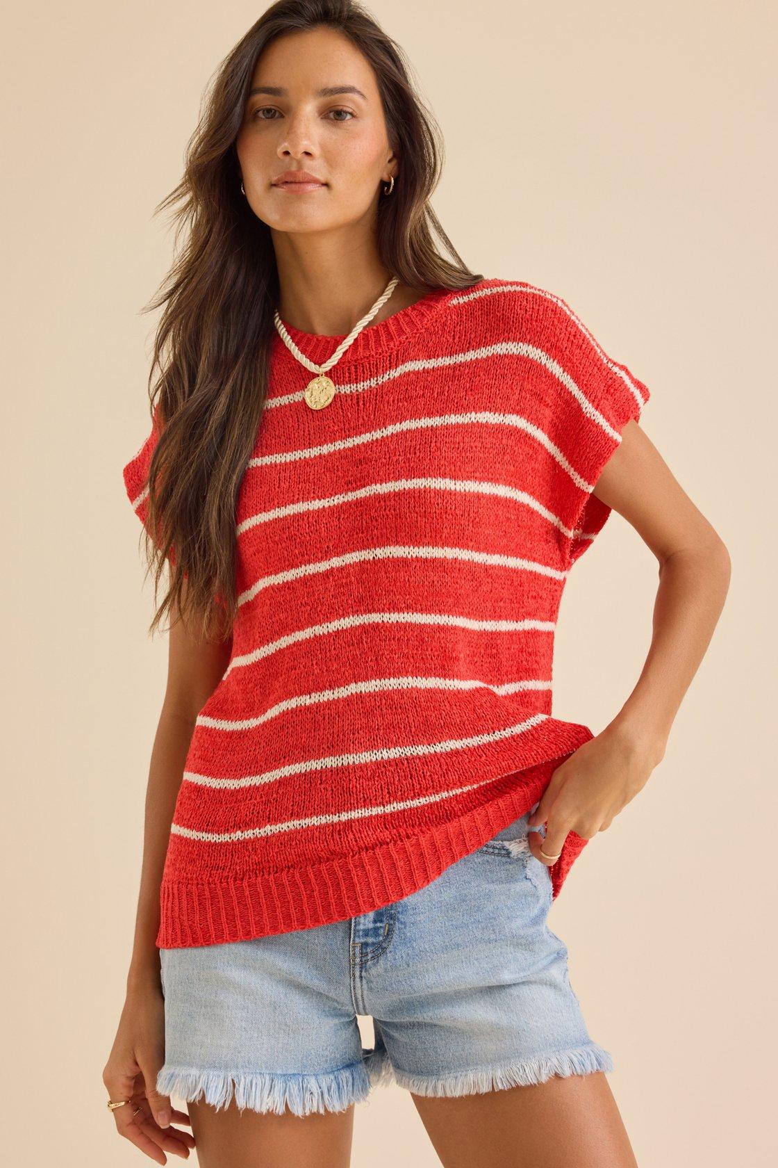red short sleeve sweater with white stripes