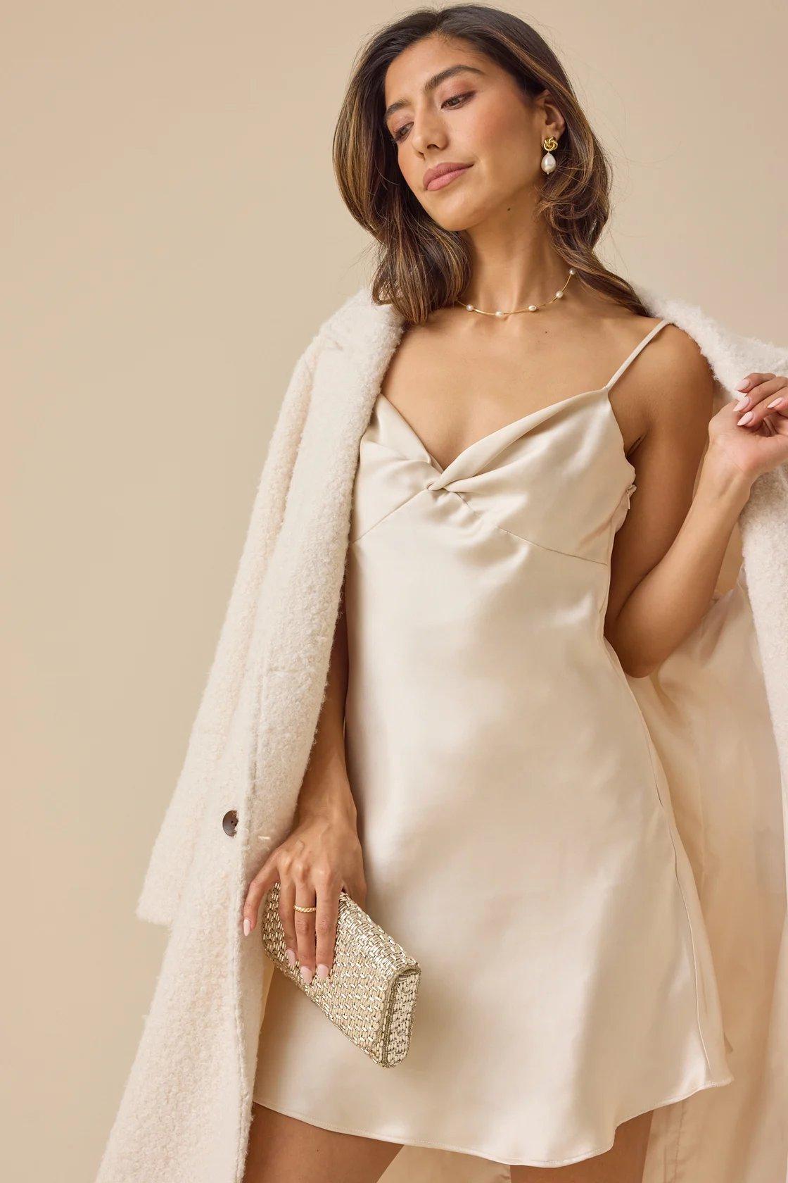 cream color satin midi dress