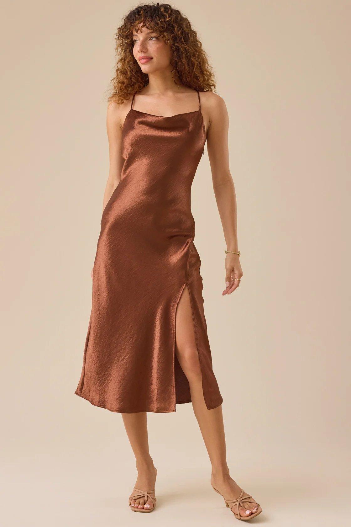 chestnut brown satin maxi dress