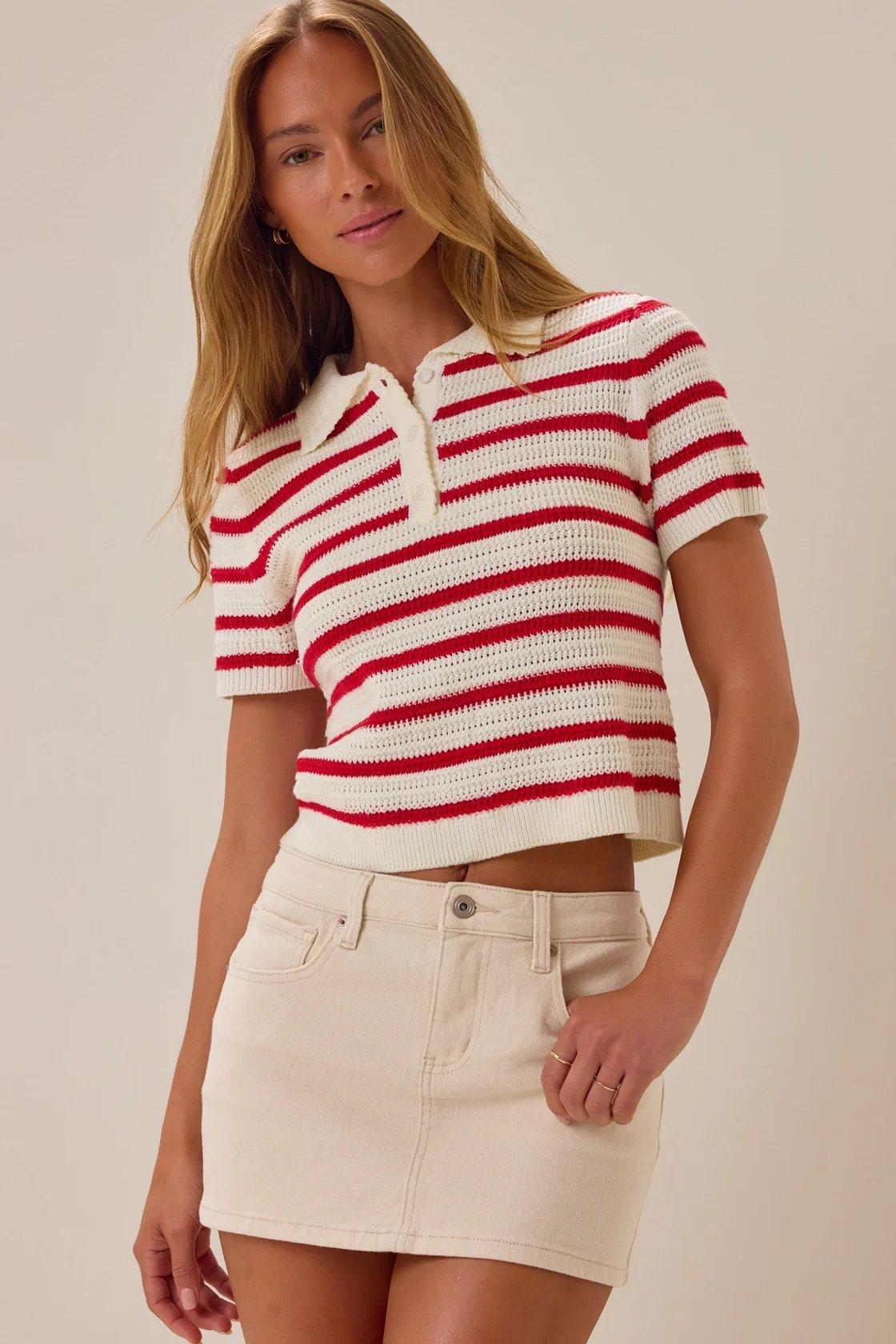 red and white striped knit polo