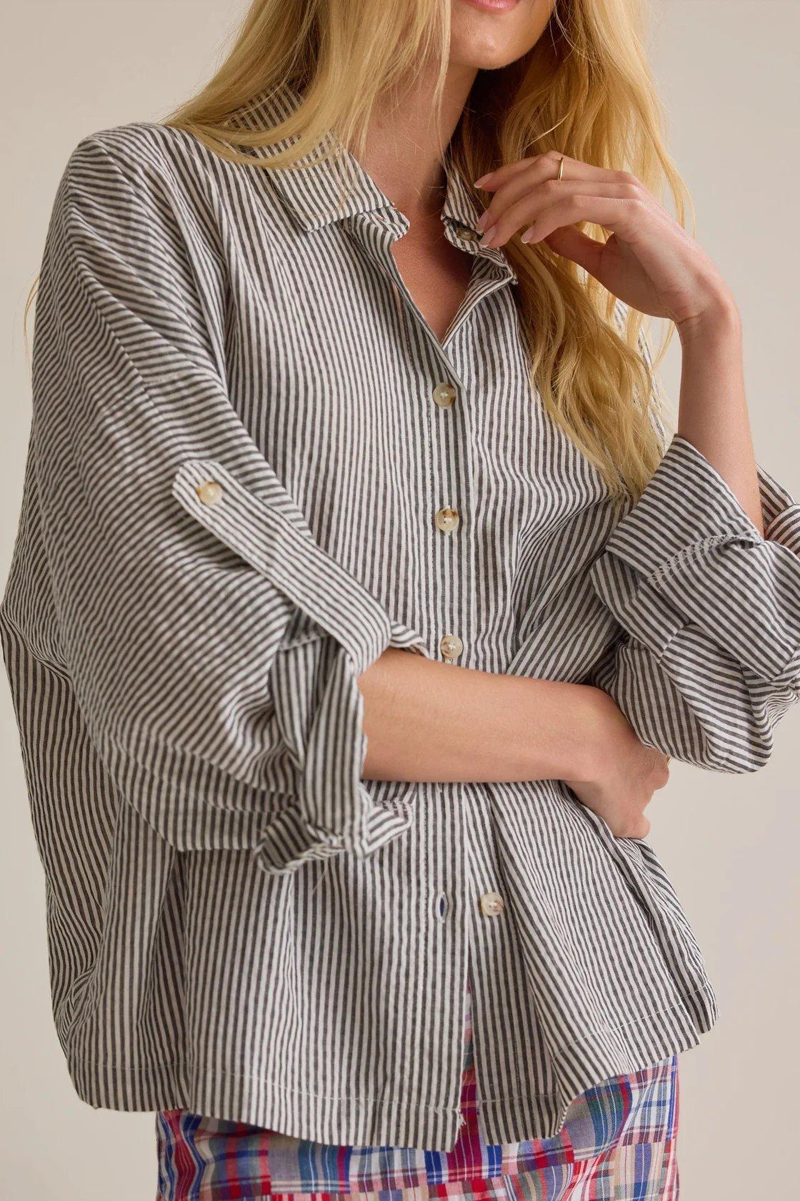 gray and white striped oversized button down top