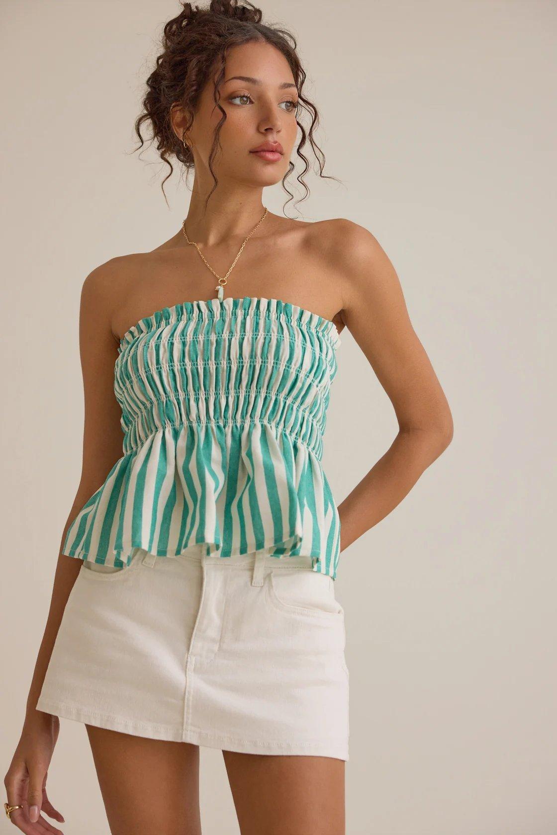 green and white striped smocked strapless top