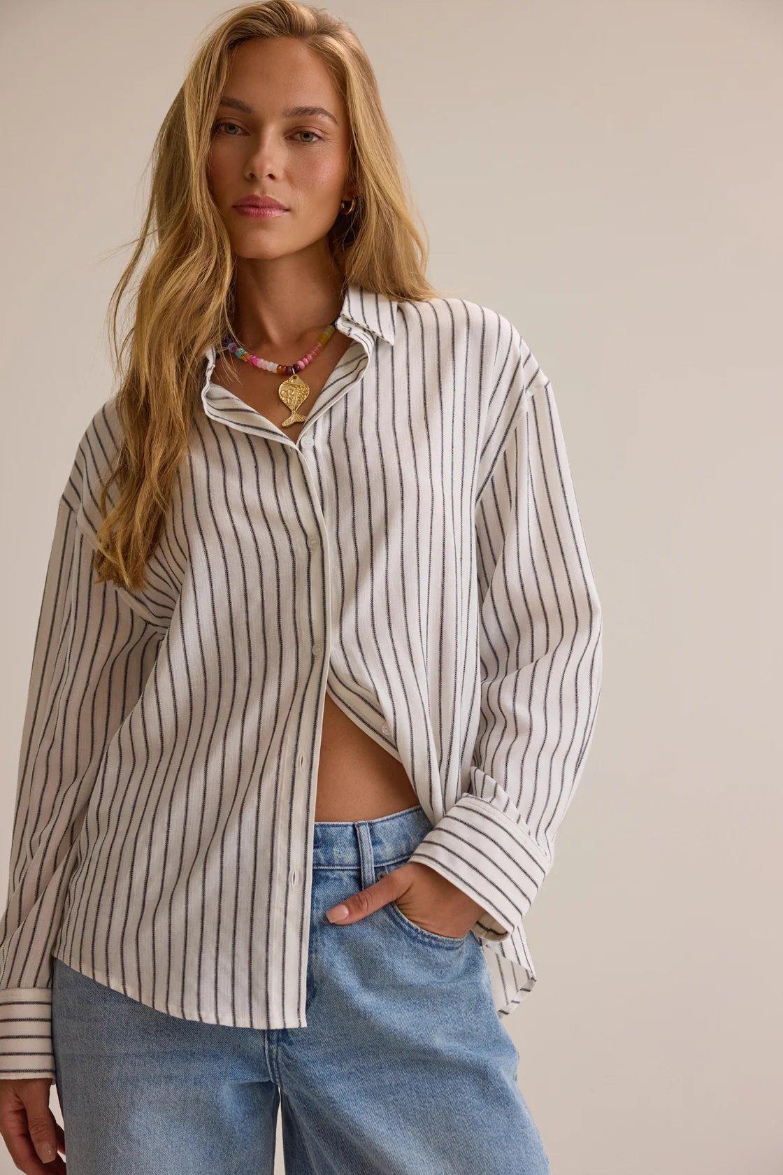 black and white striped button down
