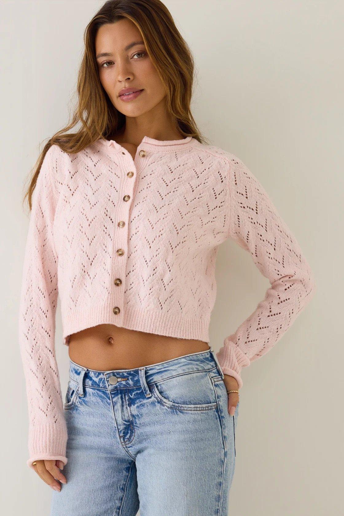 light pink pointelle button up cardigan