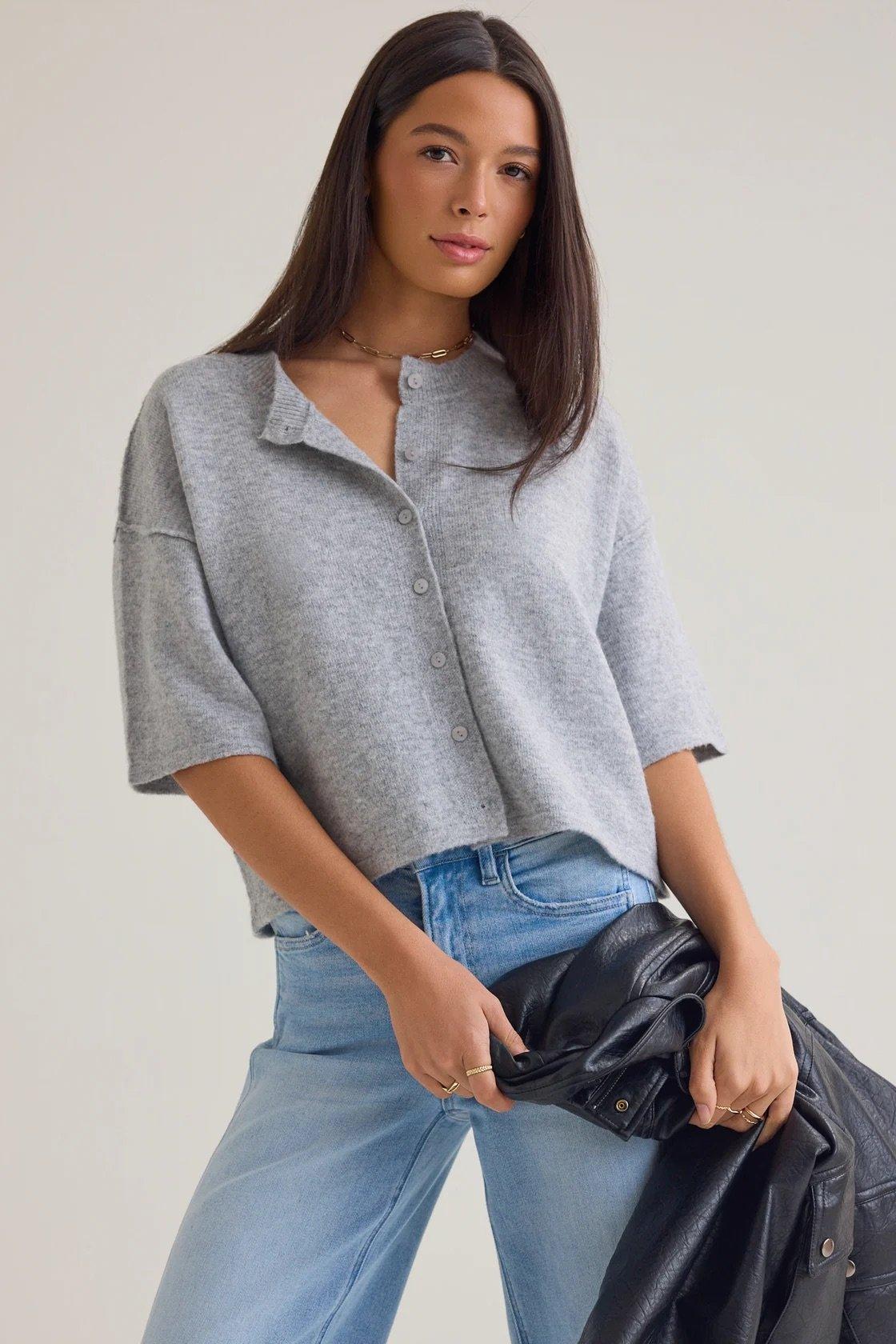 boxy gray short sleeved cardigan