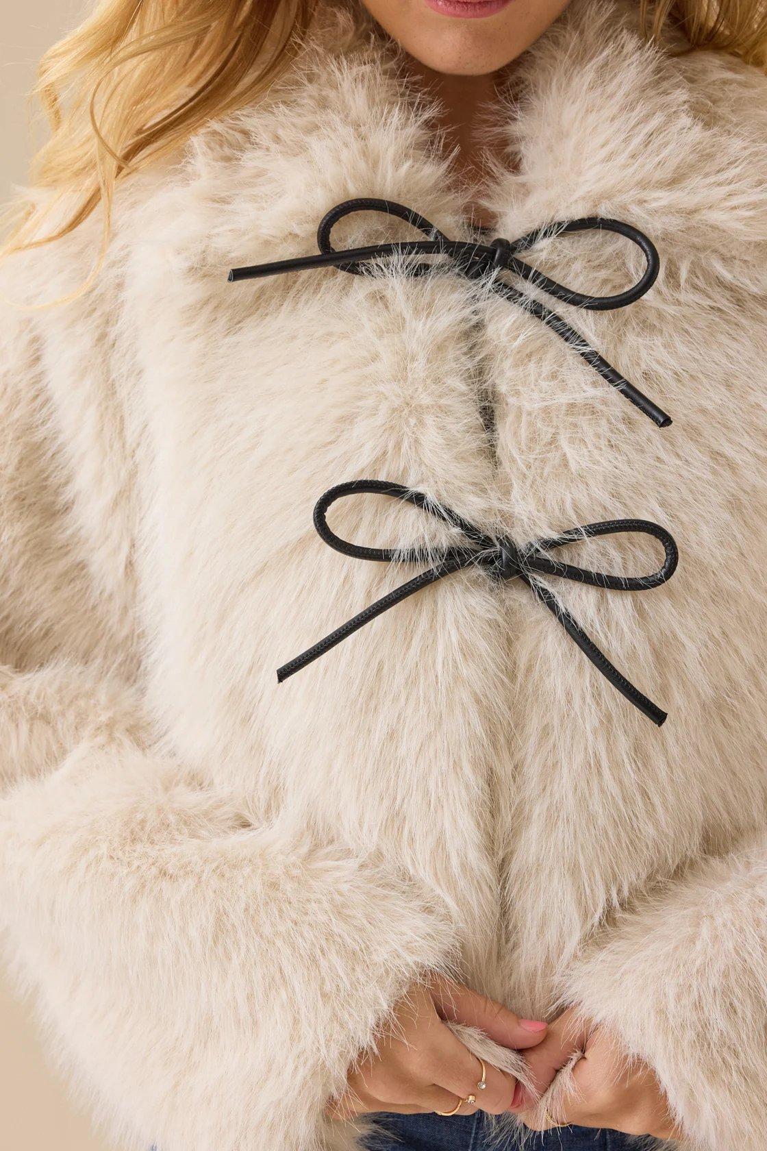 cream tie front fur jacket