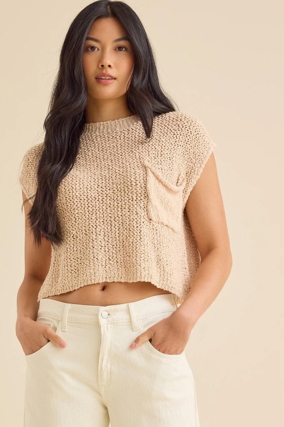 khaki colored knit cropped vest