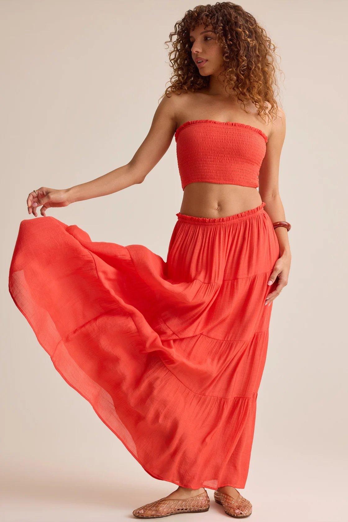 orange-red linen flowy maxi skirt