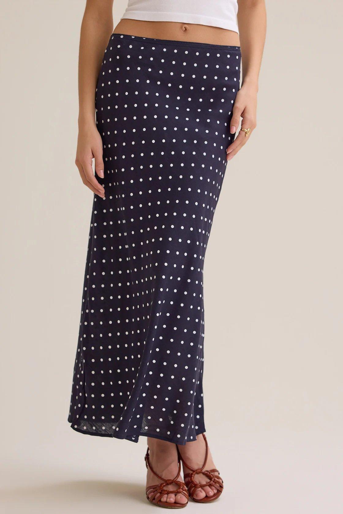 navy maxi skirt with white polka dots