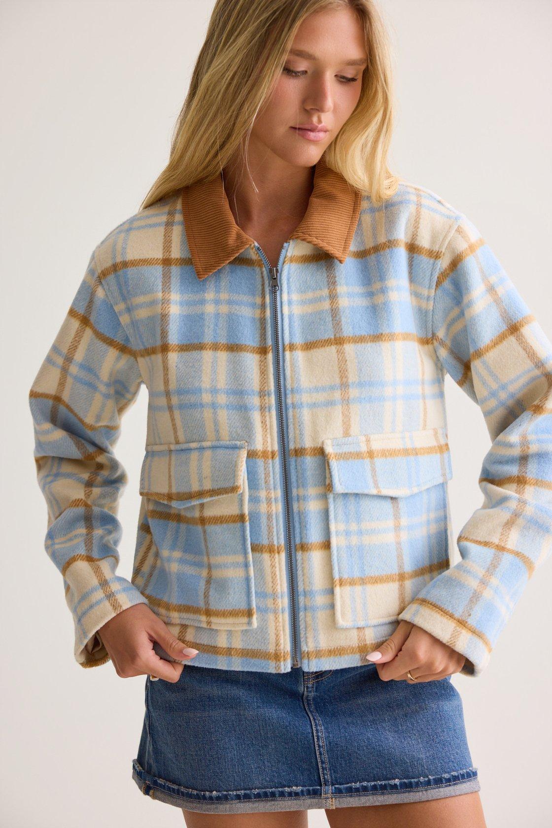 blue and ivory plaid barn jacket