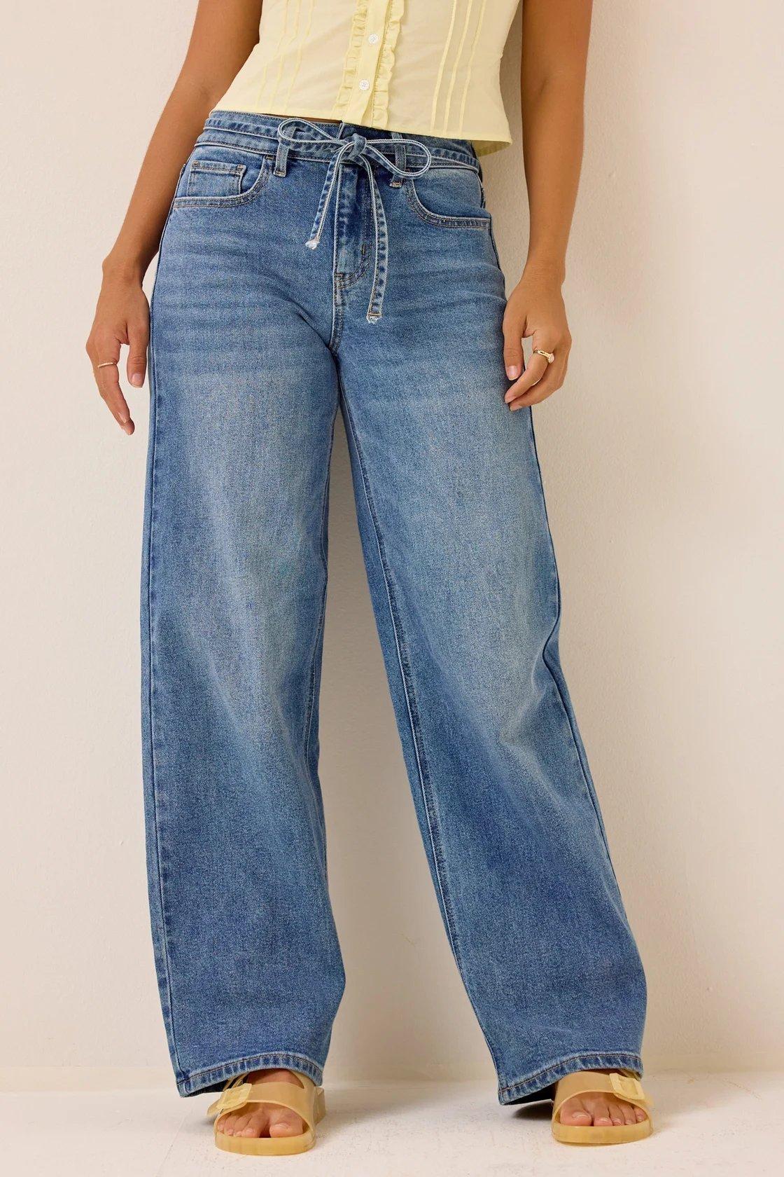 medium wash tie waist jeans