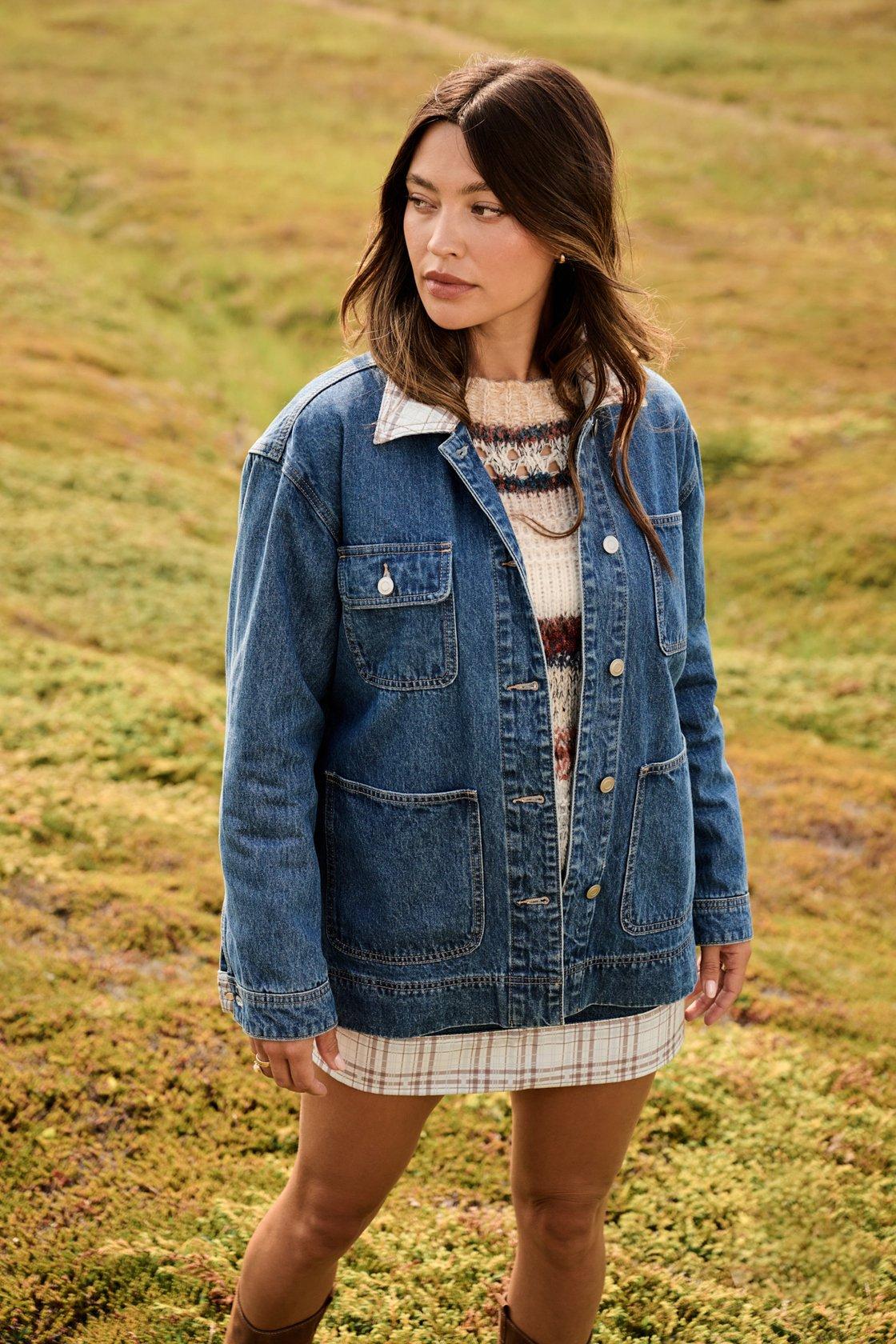 denim jacket with plaid trim