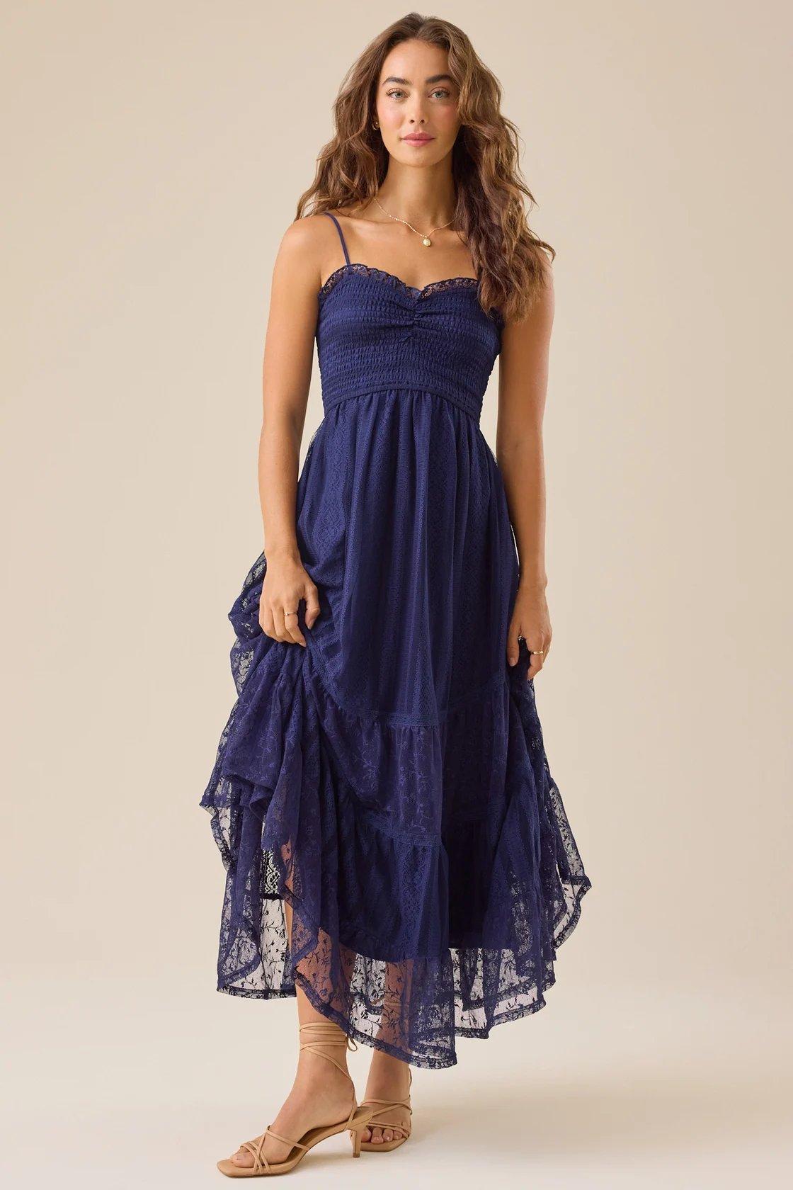 dark blue lace tiered maxi dress
