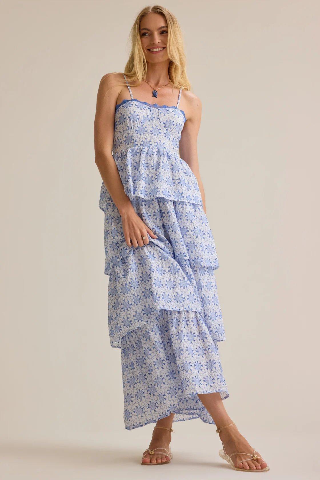 white and blue tiered maxi dress