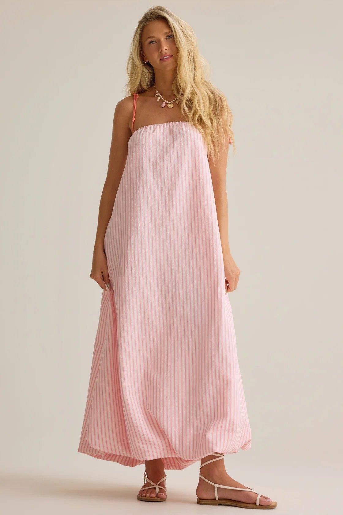 pink and white striped maxi dress