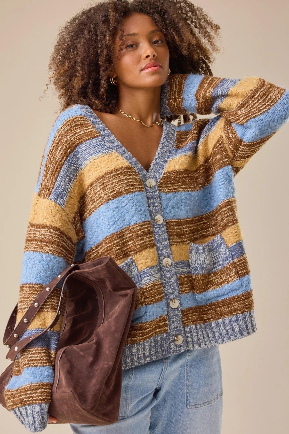 brown and blue oversized stripe cardigan