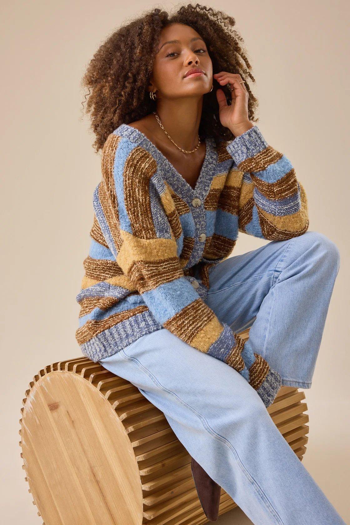 brown and blue oversized stripe cardigan