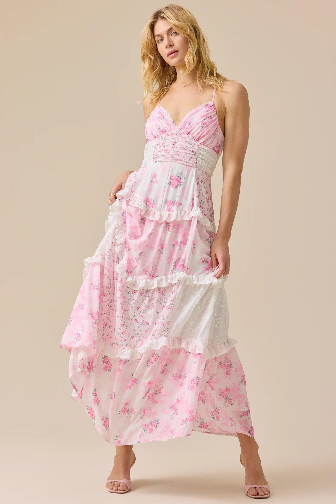 white and pink patchwork maxi dress