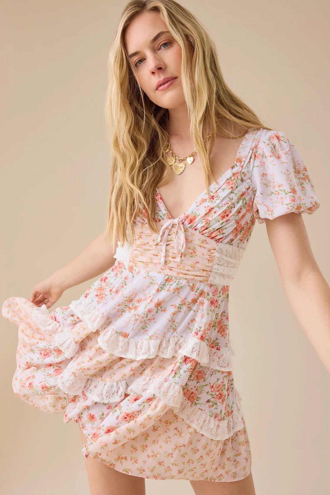 white and orange floral mini dress