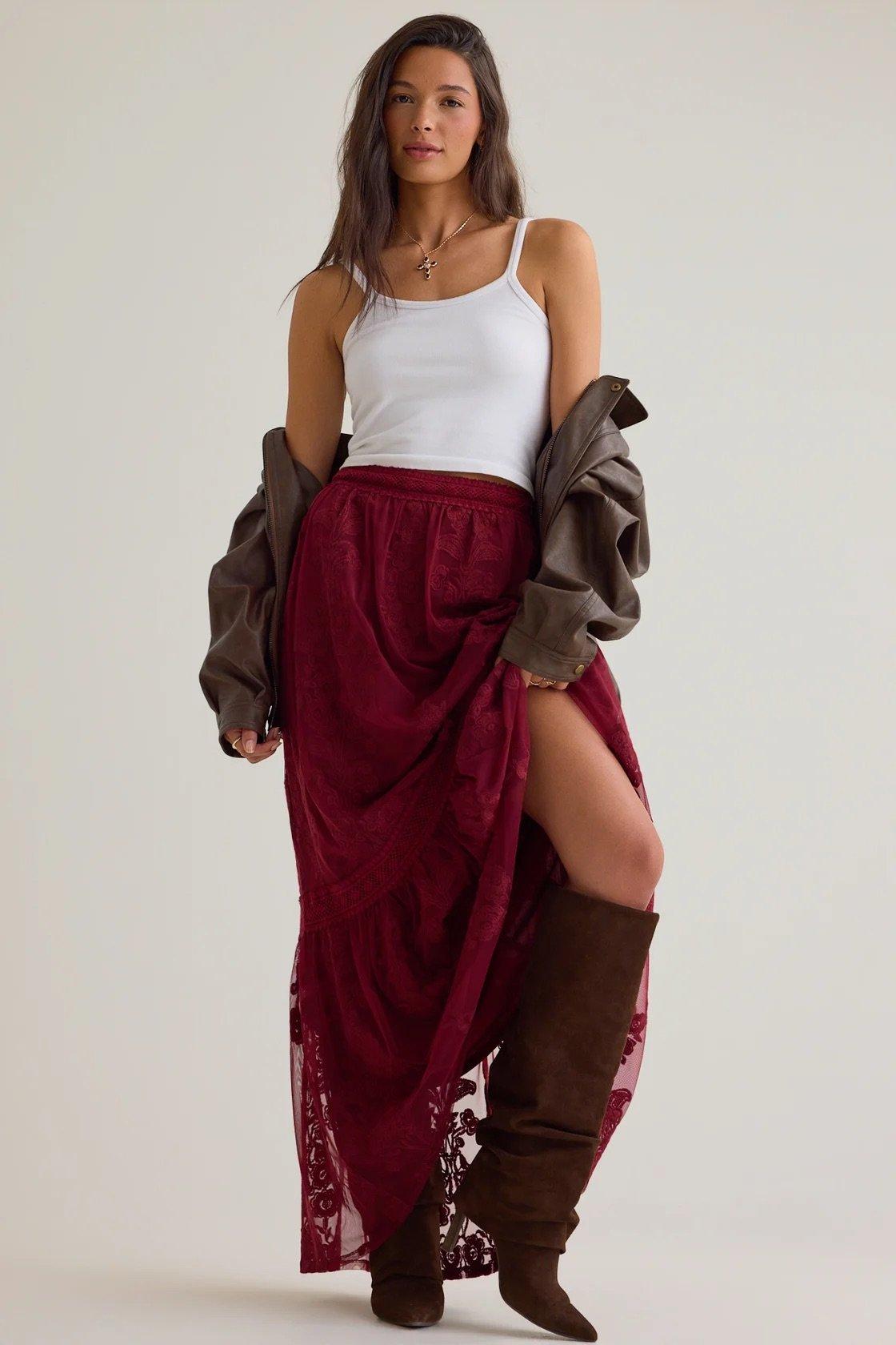 burgandy maxi skirt with mesh embroidered overlay