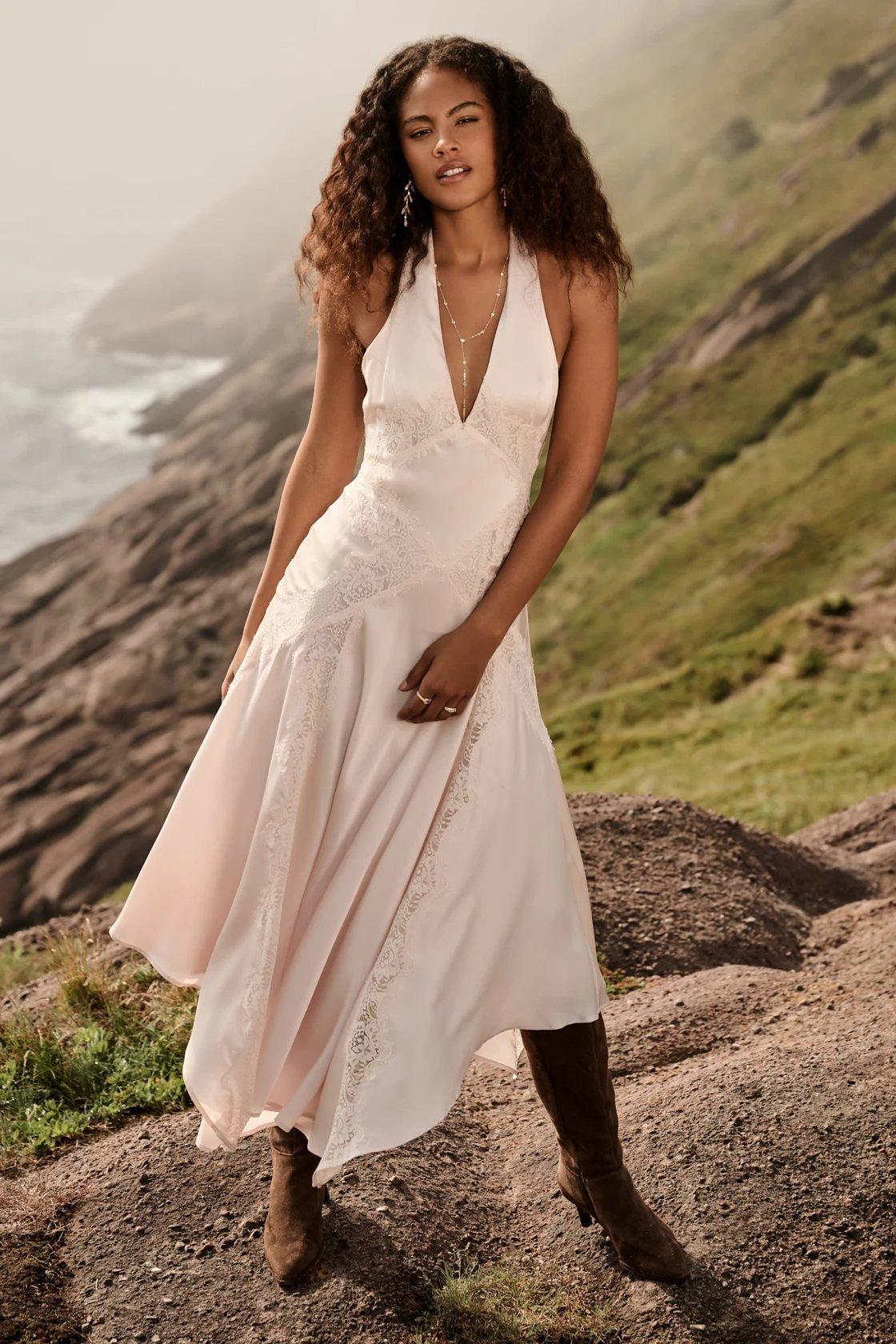 champagne satin halter neck dress