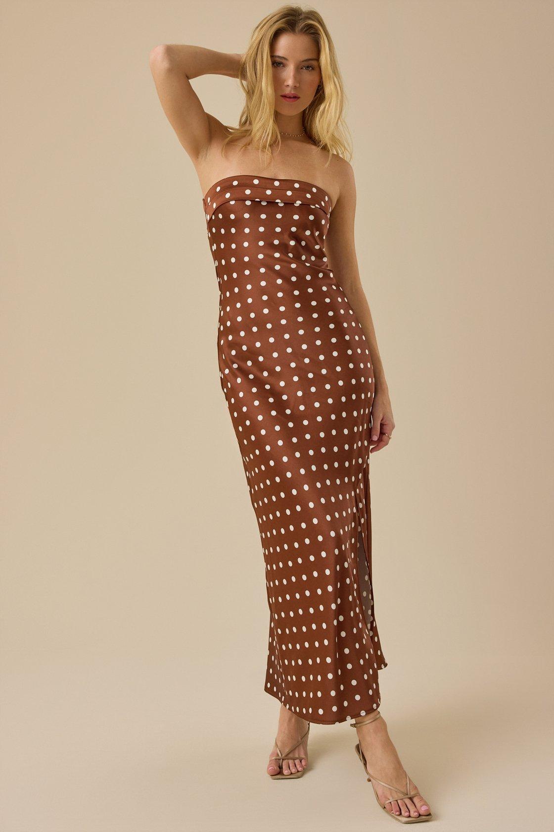 brown strapless satin maxi dress with white polka dots