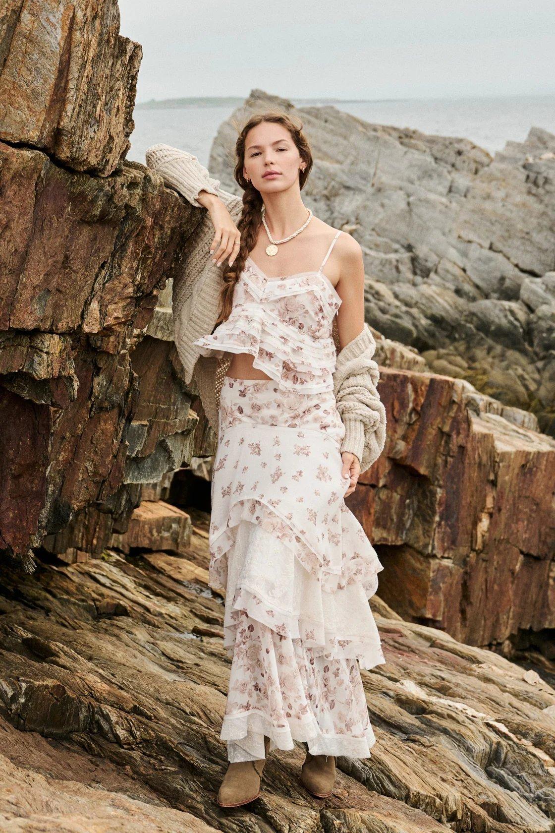 white and light brown floral ruffle maxi skirt