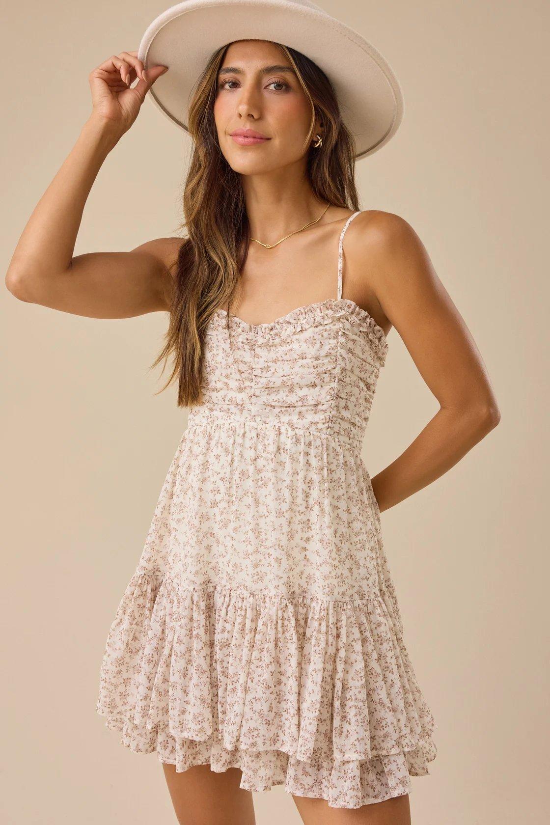 ivory mini dress with mocha brown florals
