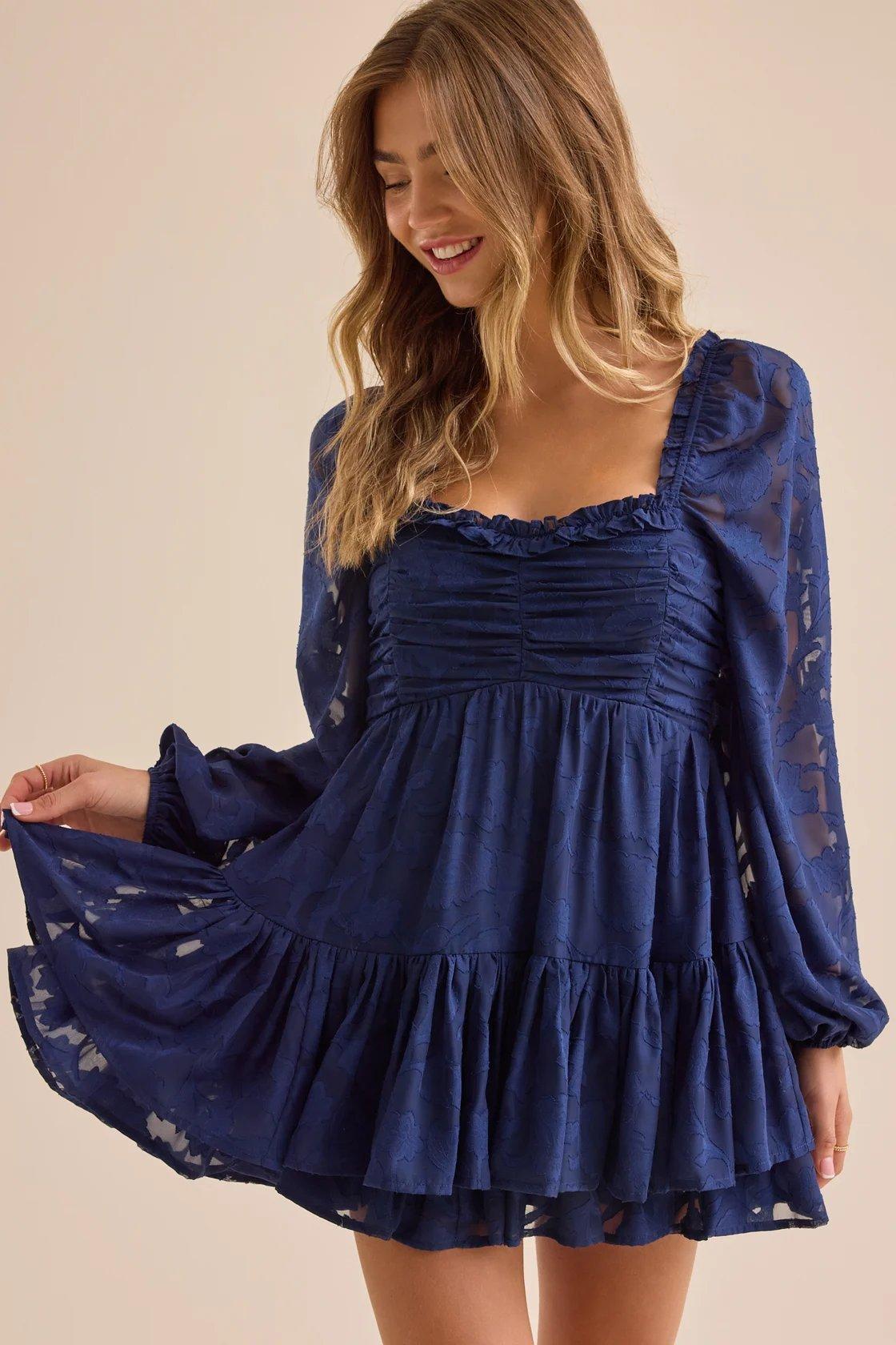 dark blue tiered mini dress