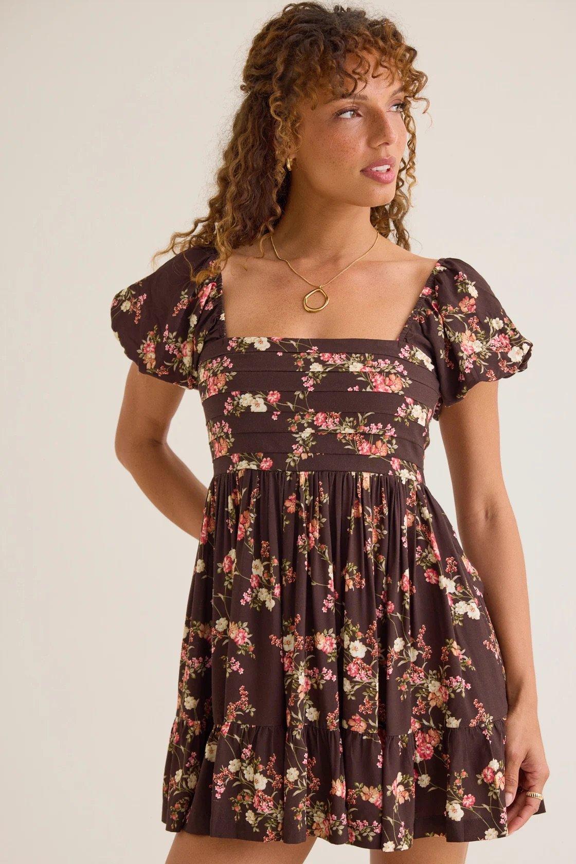 brown floral mini dress with floral print