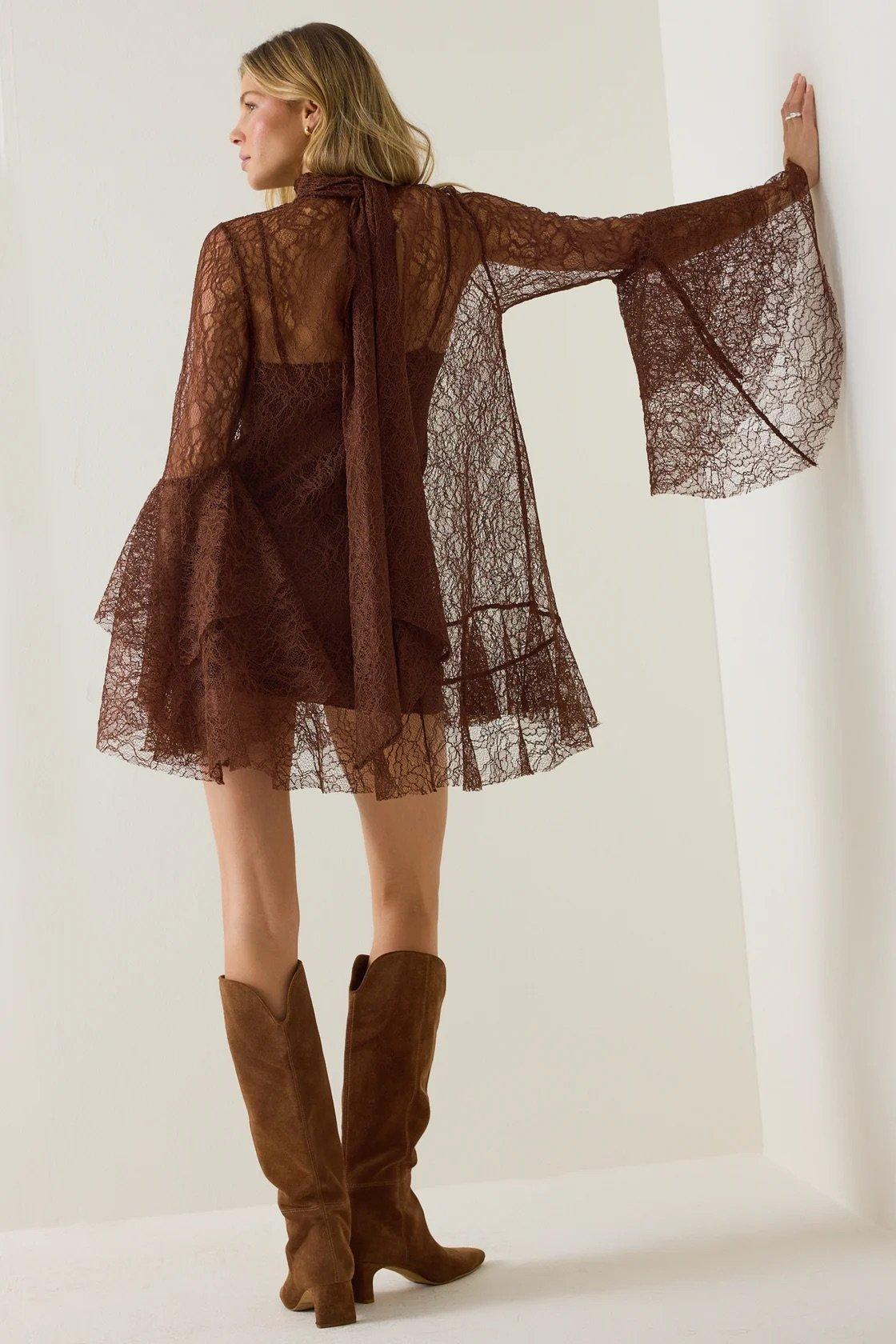 brown lace overlay dress with flare sleeves