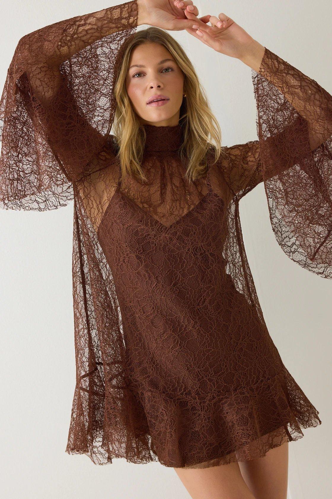 brown long sleeve lace mini dress