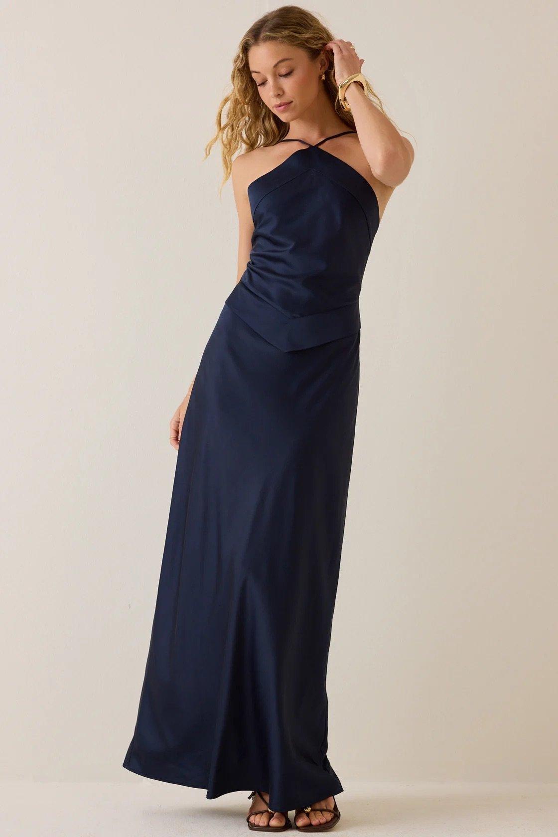 navy satin formal dress with sleek halter neckline and triangle waist