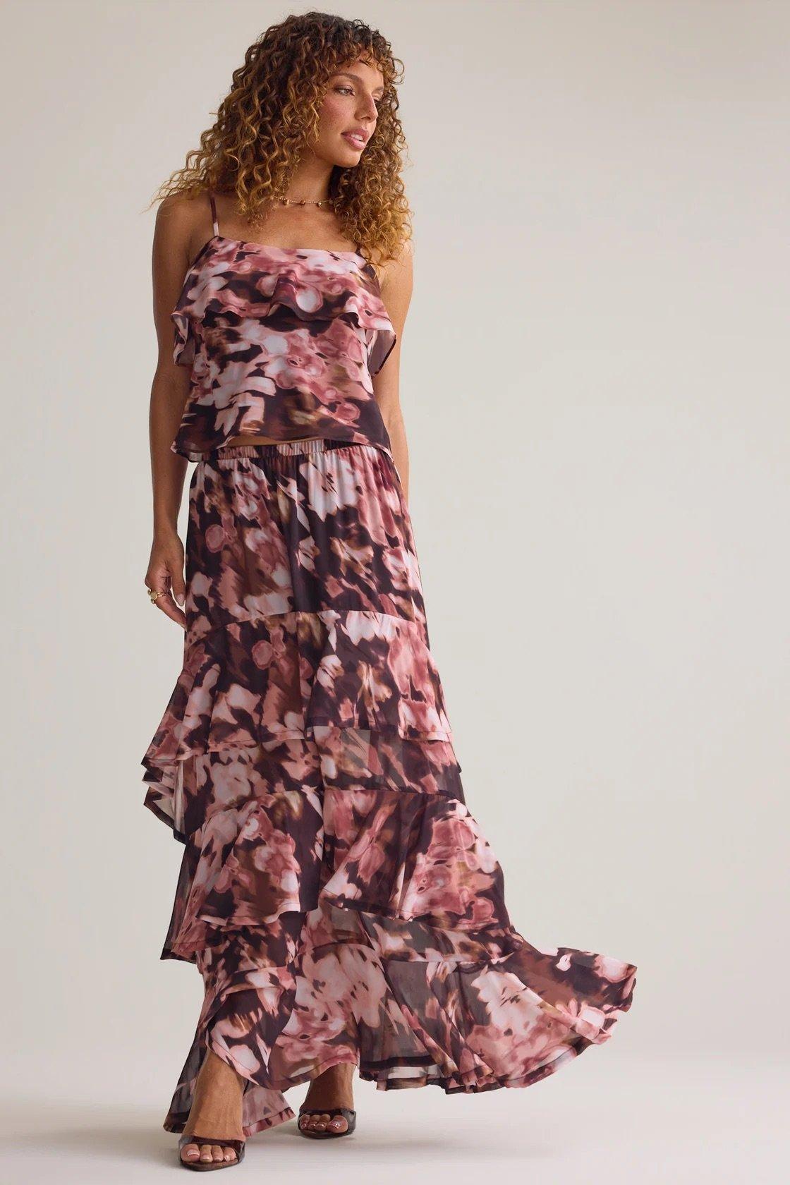brown and pink ruffle floral midi skirt