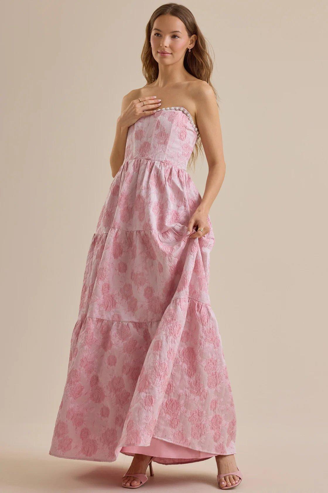 pink strapless floral maxi dress