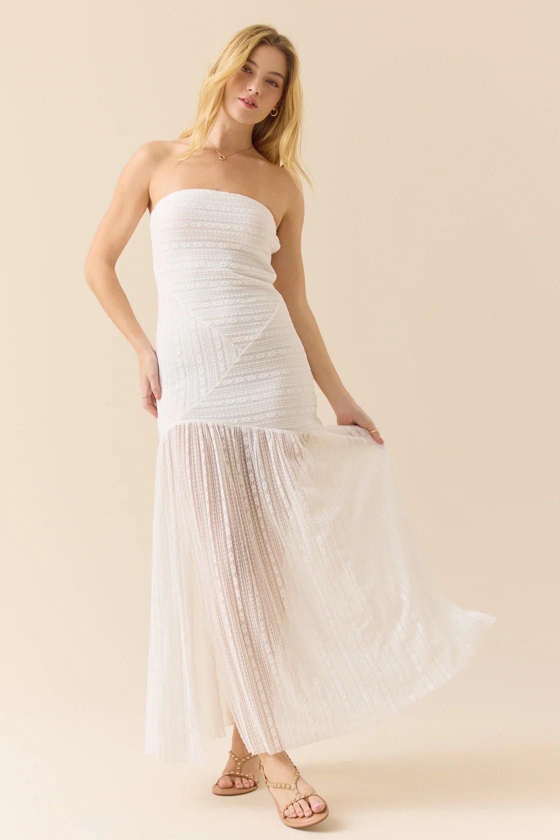 white strapless lace maxi dress