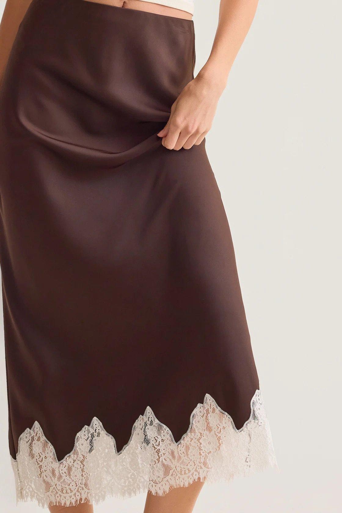 brown lace trim maxi skirt