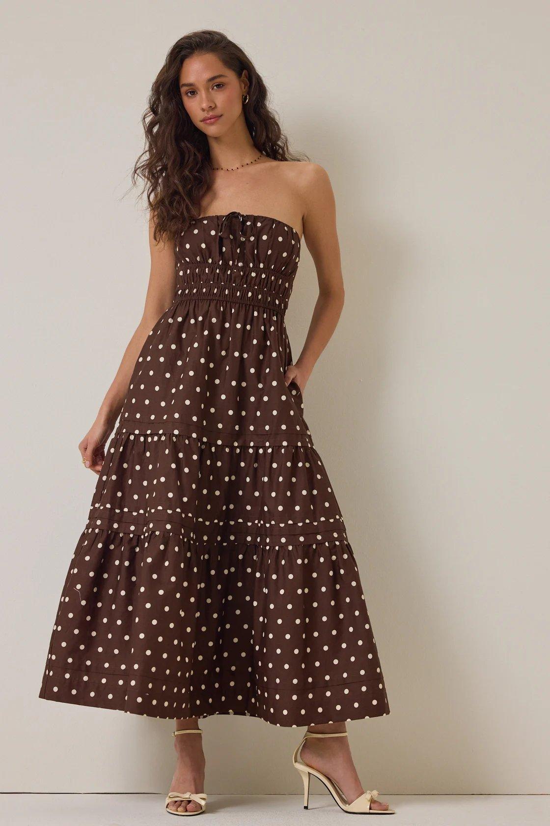 brown strapless maxi dress with white polka dots