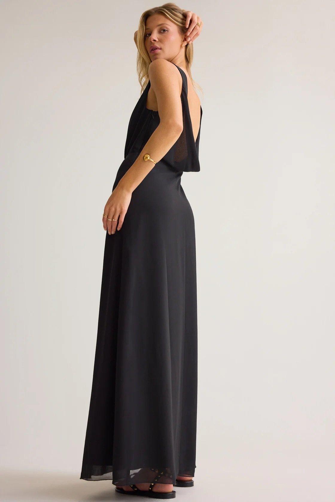 black floor length maxi dress with draped cowl back